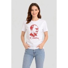 Atatürk Baskılı Tişört Kısa Kollu Bisiklet Yaka T-Shirt - Beyaz