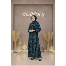 Mismoly Modern Desenli Düğmeli Rahat Kalıp Uzun Tesettür Elbise