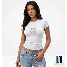 Von Labas Kadın Beyaz Özel Tasarımlı Bisiklet Yaka Slim Fit Likralı Basic Crop Pamuklu Penye Tişört (Body Tee)