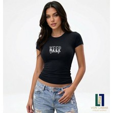 Von Labas Kadın Özel Tasarım Siyah Bisiklet Yaka Slim Fit Likralı Basic Crop Pamuklu Penye Tişört (Body Tee)