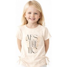 Noone Kız Çocuk "aesthetic" Yazı Baskılı Yan Büzgülü T-Shirt | Kelebek | 5 Renk