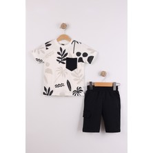 Joy Kids Erkek Çocuk Baskılı Cepli %100 Pamuk Penye Takım (3-6yaş) (Siyah-Beyaz)