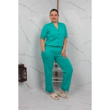 Truva Xxl Kadın Yeşil Pijama Takımı - Kısa Kol & Dantel Detaylı