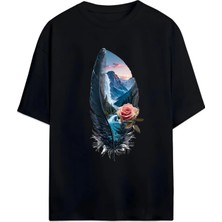Von Labas Sanatsal Tüy Desenli Oversize Tişört (Artistic Feather Pattern Oversize T-Shirt) (Relaxed Kalıp)