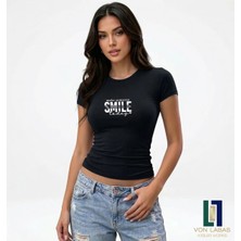 Von Labas Kadın Özel Tasarım Siyah Bisiklet Yaka Slim Fit Likralı Basic Crop Pamuklu Penye Tişört (Body Tee)