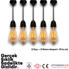 Otomeksan 10’lu Set Retro Ampul ve Duy Seti E27 Uyumlu Siyah Sarkıt Avize Başlığı 5 Duy + 5 Edison Ampul Tak Çalıştır Dekoratif Aydınlatma Ev Kafe Restoran Salon Mutfak Endüstriyel Tasarım