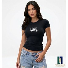Von Labas Kadın Özel Tasarım Siyah Bisiklet Yaka Slim Fit Likralı Basic Crop Pamuklu Penye Tişört (Body Tee)