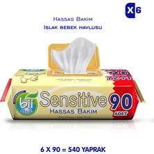 Bii Wipes Sensitive Hassas Bakım Islak Havlusu 540 Yaprak 6 x 90 Adet Yumuşak Doku