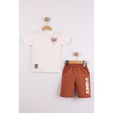 Joy Kids Erkek Çocuk Sırt Baskılı Ön Cepli Relax Takım (Beyaz-Kahve) (3-6yaş)
