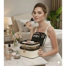 Uydee Makyaj Çantası Kozmetik Çantası Makyaj Organizer Makyaj Çantası Kadın Bölmeli Deri Bej Makyaj Çantası Seyahat Makyaj Çantası