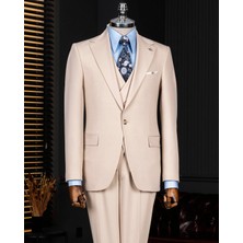 Italyan Stil Slim Fit Ceket Yelek Pantolon Takım Elbise Bej T14184