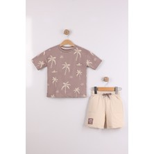 Joy Kids Erkek Çocuk %100 Pamuk Palmiye Kabartma Baskılı Penye Takım (3-6yaş) (Kahve-Krem)