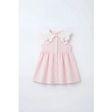 Magu Kız Çocuk Pamuklu Pembe Çizgili Tavşan Nakışlı Yakalı Elbise