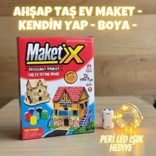 Kobe Maketix Ahşap Taş Ev Maket - Boya ve Fırçayla Birlikte + LED Işık Hediye