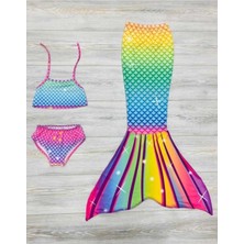 Pistyle Kız Çocuk Deniz Kızı Mayo Gökkuşağı Renkli 3'lü Takım.alt Üst Bikini ve Kuyruk.
