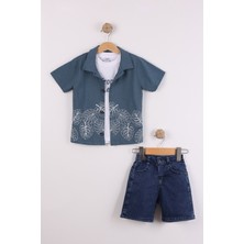 Joy Kids Erkek Çocuk %100 Pamuk Yaprak Baskılı Kot Şortlu 3'lü Takım (3-6yaş) (Kot)