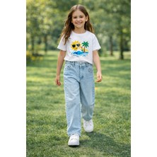 Cedy Denim Kız Çocuk Yüksek Bel  Cotton Palazzo Jean Pantolon