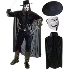 Nuvigo V For Vendetta Maskesi Şapkası ve Pelerin Kostüm Seti Yetişkin Boy