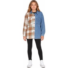 İrem Çocuk Giyim Kız Çocuk Yarı Kot Yarı Triko Model Ekose Desenli Çıtçıt Kapamalı Oversize Mavi Kot Gömlek Ceket