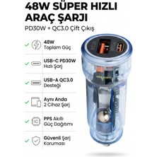 BR01 48W Şeffaf  Mavi Araç Şarj Cihazı | Pd & Qc 3.0 Destekli, Çift USB Hızlı Şarj