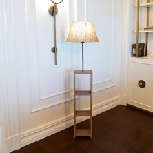 Homing Kumaş Lambader Jüt Keten Renk Ahşap Ayak Ceviz Renk 150 cm Yükseklik Modern Tasarım