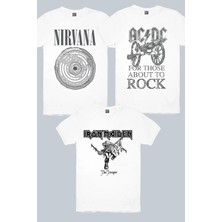Rock&Roll Top Rock Acdc Beyaz, Iron Maiden Beyaz, Daire Daire Nirvana Beyaz 3'lü Erkek Tshirt Eko Paket