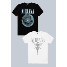 Rock&Roll Daire Daire Nirvana Siyah, Melek Nirvana Beyaz 2'li Kadın Tshirt Eko Paket