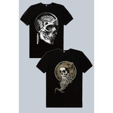 Rock&Roll Disk Kafa Siyah, Sakallı Kurukafa 2'li Erkek Tshirt Eko Paket