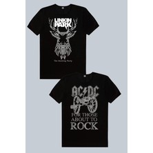 Rock&Roll Geometrik Geyik, Top Rock Acdc Siyah 2'li Kadın Tshirt Eko Paket