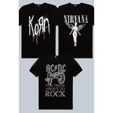 Rock&Roll Korn, Melek Nirvana Siyah, Top Rock Acdc Siyah 3'lü Kadın Tshirt Eko Paket