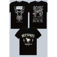 Rock&Roll Geometrik Geyik, Deftones, Top Rock Acdc Siyah 3'lü Kadın Tshirt Eko Paket