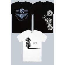 ROCKANDROLL Moto Gölgesi Beyaz, Dikey Motosiklet, Ny Moto Club Siyah 3'lü Kadın Tshirt Eko Paket