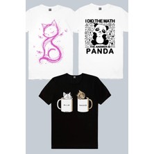 Rock&Roll Kedi Prenses Beyaz, Sütlü Sade Siyah, Panda Cevabı 3'lü Kadın Tshirt Eko Paket