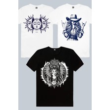 Rock&Roll Şapkalı Kız, Kızılderili Kız Siyah, Ay Güneş Beyaz 3'lü Kadın Tshirt Eko Paket