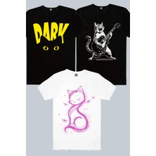 Rock&Roll Sarman Rock, Karanlık Kedi, Kedi Prenses Beyaz 3'lü Kadın Tshirt Eko Paket