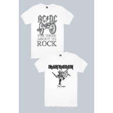 Rock&Roll Top Rock Acdc Beyaz, Iron Maiden Beyaz 2'li Kadın Tshirt Eko Paket