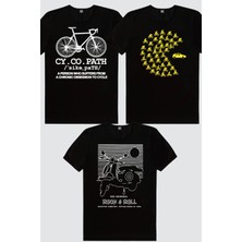 Rock&Roll Çizgili Scooter, Bisiklet Hastası Siyah, Bisikletli Oyun 3'lü Erkek Tshirt Eko Paket