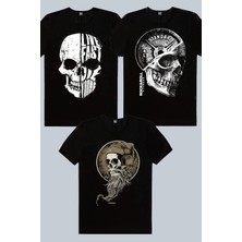 Rock&Roll Hızlı Yaşa Siyah, Disk Kafa Siyah, Sakallı Kurukafa 3'lü Erkek Tshirt Eko Paket