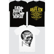 Rock&Roll Disk Kafa Beyaz, Golds Gym, Gym Hayatı Siyah 3'lü Erkek Tshirt Eko Paket