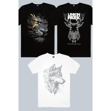 Rock&Roll Kurt Başı, Geometrik Geyik, Sarı Gözlü Aslan 3'lü Erkek Tshirt Eko Paket