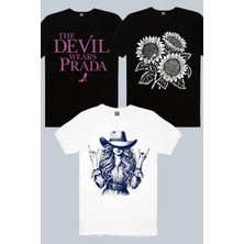 Rock&Roll Marka Sever Siyah, Şapkalı Kız, Yaz Çiçekleri 3'lü Kadın Tshirt Eko Paket