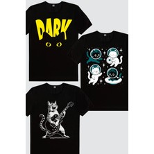 Rock&Roll Astro Kediler, Sarman Rock, Karanlık Kedi 3'lü Kadın Tshirt Eko Paket