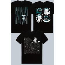 ROCKANDROLL Uzay Yağmuru, Astro Kediler, Süpürgeli Astronot 3'lü Kadın Tshirt Eko Paket