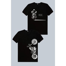 Rock&Roll Moto Gölgesi Siyah, Dikey Motosiklet 2'li Erkek Tshirt Eko Paket