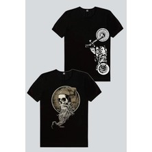 Rock&Roll Sakallı Kurukafa, Dikey Motosiklet 2'li Erkek Tshirt Eko Paket