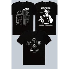 Rock&Roll Kaskda Yoda, Yoda Kahvesi, Dört Kafa Yıldız Savaşı 3'lü Erkek Tshirt Eko Paket