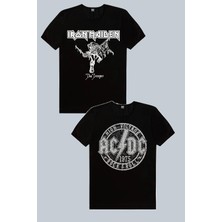 Rock&Roll Iron Maiden Siyah, Dairede Acdc Siyah 2'li Kadın Tshirt Eko Paket