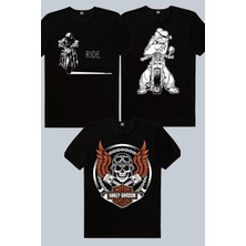 ROCKANDROLL Moto Gölgesi Siyah, Temel Motor, Motorcu Kurukafa 3'lü Erkek Tshirt Eko Paket