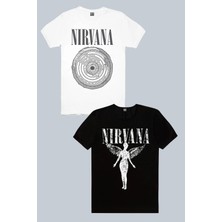 Rock&Roll Daire Daire Nirvana Beyaz, Melek Nirvana Siyah 2'li Kadın Tshirt Eko Paket