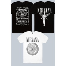 ROCKANDROLL Daire Daire Nirvana Beyaz, Melek Nirvana Siyah, Metallica Jack Logo 3'lü Kadın Tshirt Eko Paket